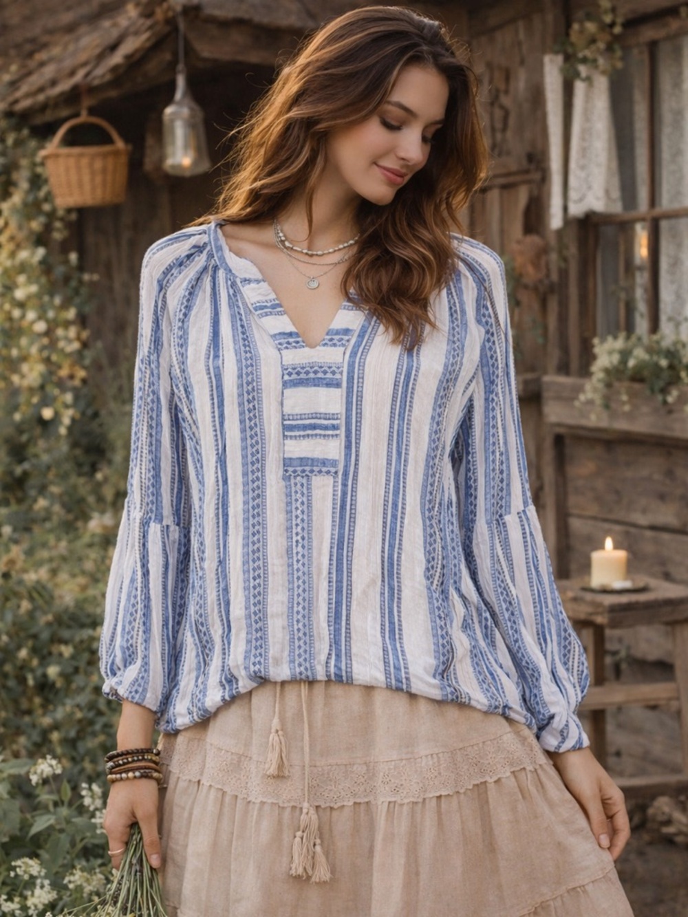 Brina‎ & Em Colter Split Neck Boho Blue White Top Size Large